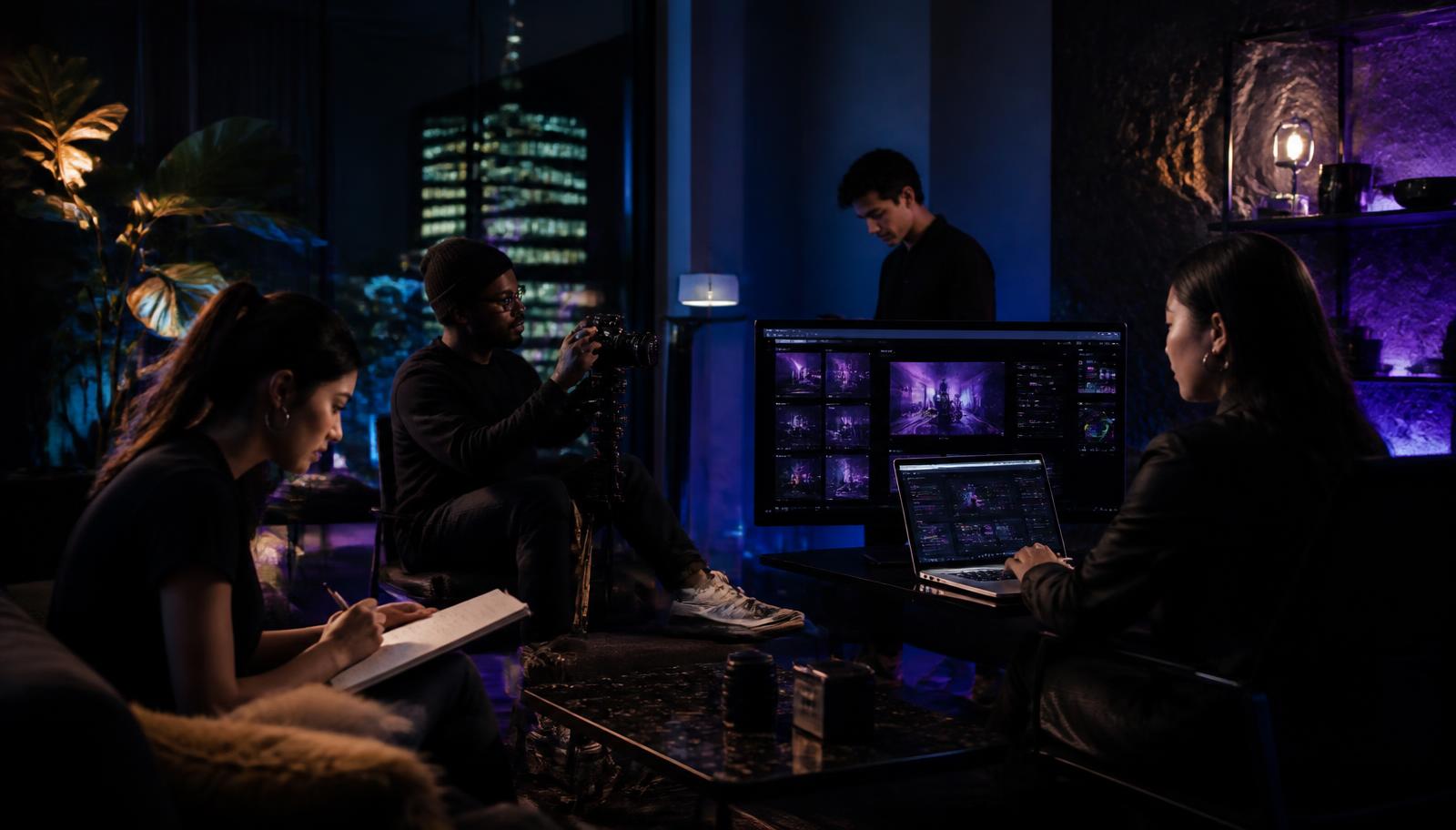 Creators collaborating in a studio: writing, filming and designing together